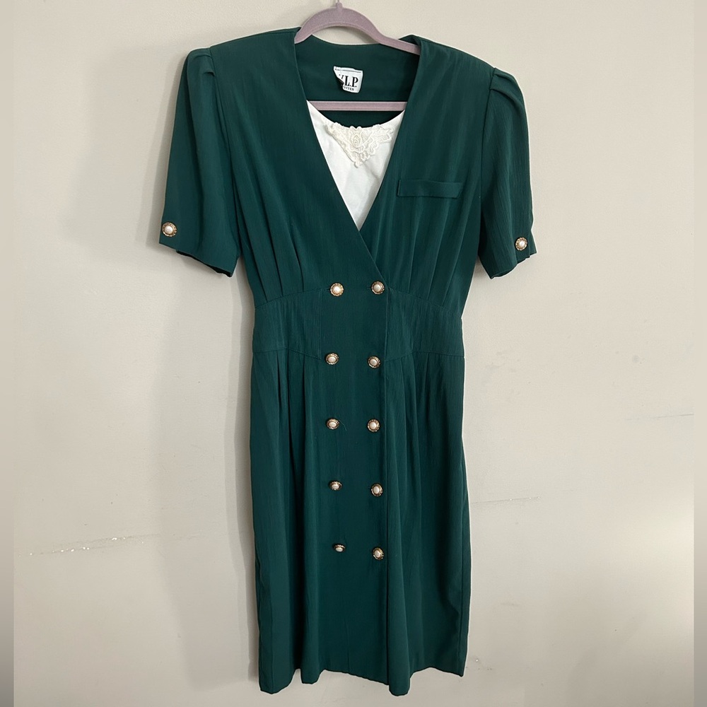 Vtg VLP Petites Kelly Green Below The Knee Button Up Dress Petite Medium (6/8)